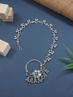 I Jewels - Silver Oxidised Ethnic Nose Ring Non Piercing Ghungroo with Chain for Woman