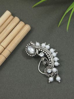 I Jewels - Silver Plated Traditional Maharashtrian Non Piercing White Pearl Nath