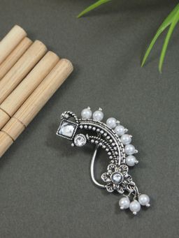 I Jewels - Silver Plated Traditional Maharashtrian Non Piercing White Pearl Nath Nose Pin