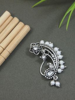 I Jewels - Silver Plated Traditional Maharashtrian Non Piercing Floral Design Pearl Nath