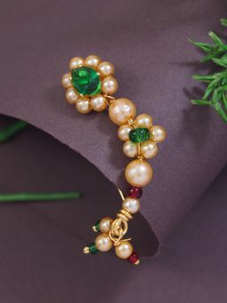 I Jewels - Maharashtrian Ethnic Gold-Plated Non Piercing White Pearl Nath Clip-On Nose Pin
