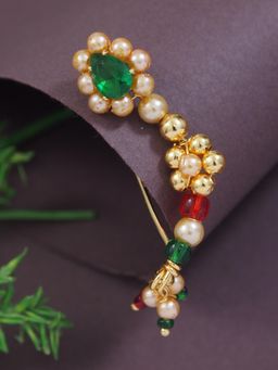 I Jewels - Maharashtrian Ethnic Gold-Plated Non Piercing White Pearl Nath Clip-On Nose Pin