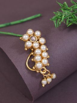 I Jewels - Traditional Maharashtrian Gold-Plated Non Piercing White Pearl Nath Clip-On