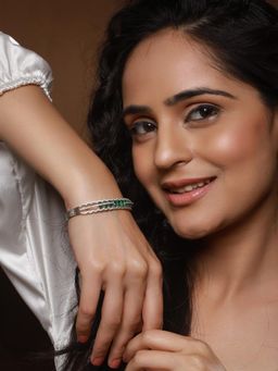 Saraf RS Jewellery - Silver Plated Emerald Green American Diamond Studded Statement Kada Bracelet