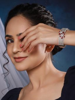 Saraf RS Jewellery - Silver Plated Ruby Red Floral Statement Designer Brooch Kada Bangle Bracelet