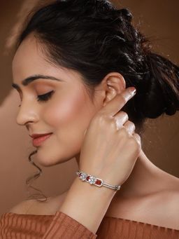 Saraf RS Jewellery - Silver Plated Ruby Red Delicate Luxe Floral Cuff Bangle Bracelet