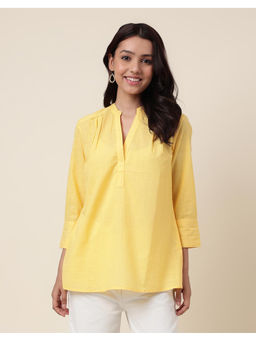 Fabindia - Yellow Solid Cotton Chinese Collar Top