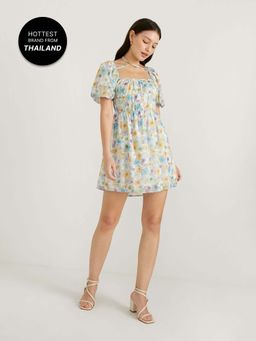 Pomelo - Floral Puffed Sleeves Mini Dress - Multi Color