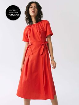 Pomelo - Ruched Waist Midi Dress - Red