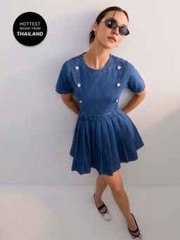 Pomelo - Heart Rhinestone Button Detail Denim Mini Dress - Blue