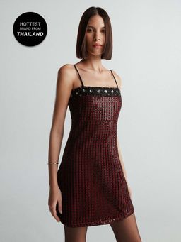Pomelo - Layered Sequin Spaghetti Mini Dress - Burgendy