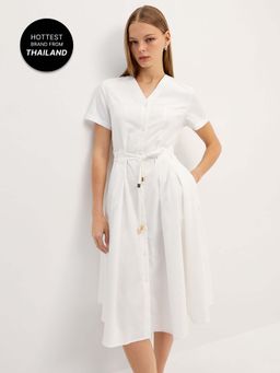 Pomelo - Tie-Belt Midi Dress - White