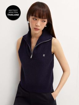 Pomelo - Zipper Sleeveless Knitted Top - Navy