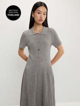 Pomelo - Buttoned Pleat Knit Dress - Mid Grey