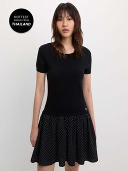 Pomelo - Layered Polka Dot Skirt Dress - Black