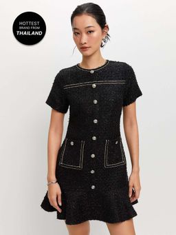 Pomelo - Flared Tweed Dress - Black