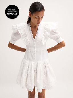 Pomelo - Ruffled Lace Dress - White