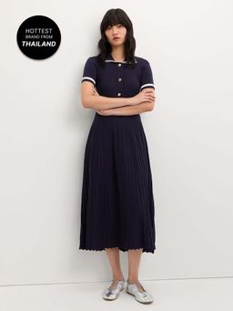 Pomelo - Pleated Polo Dress - Navy