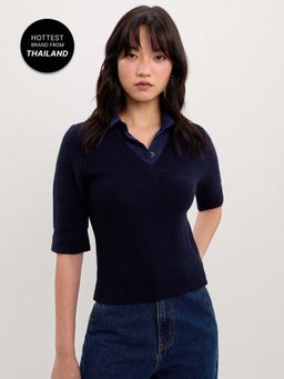 Pomelo - Layered V-Neck Knit Top - Navy
