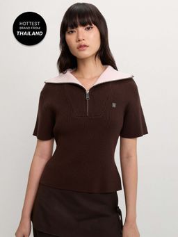 Pomelo - Zip-Up Ribbed Polo Top - Brown