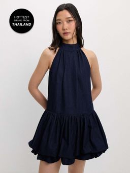 Pomelo - Bow Tie Ruffle Dress - Dark Blue