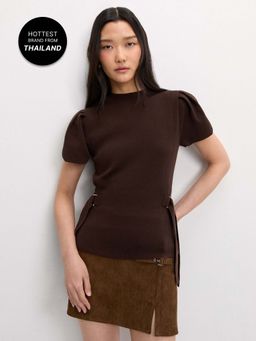 Pomelo - Puffed Sleeve Knit Top - Brown
