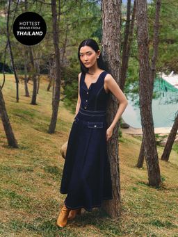 Pomelo - Buttoned Contrast Stitch Dress - Dark Blue