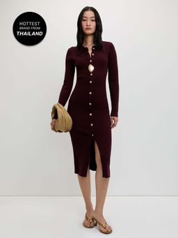 Pomelo - Buttoned Knit Midi Dress - Dark Brown