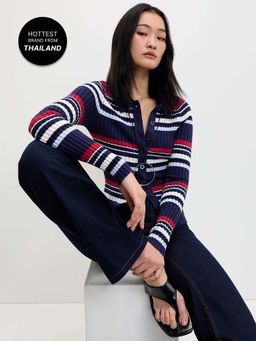 Pomelo - Striped Knit Top - Navy