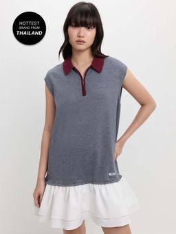 Pomelo - Half-Zip Ruffled Polo Dress - Cream - White Grey
