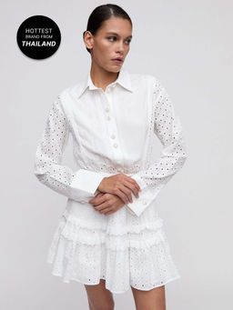 Pomelo - Eyelet Ruffled Shirt Dress - White
