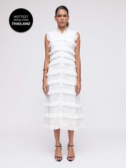 Pomelo - Tiered Ruffled Lace Hem Dress - White