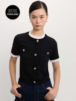 Pomelo - Lace Trim Buttoned Knit Top - Black