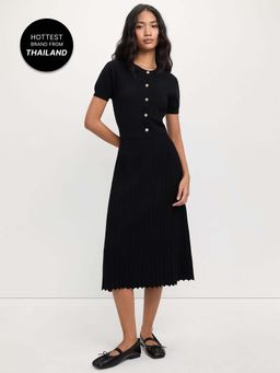 Pomelo - Button-Up Front-Slit Dress - Black