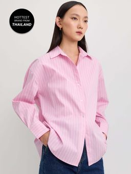 Pomelo - Oversized Striped Button-Up Shirt - Pink