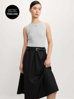 Pomelo - Ribbed Belted Midi Dress - Light Grey