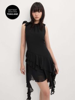 Pomelo - Asymmetrical Hem Bow Ruffle Dress - Black