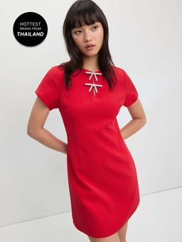 Pomelo - Keyhole Bow Detail Mini Dress - Red