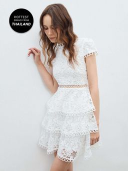 Pomelo - Ruffled Lace Dress - White