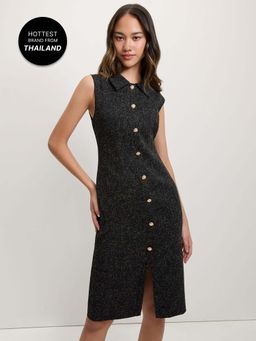 Pomelo - Tweed Front Slit Dress - Black