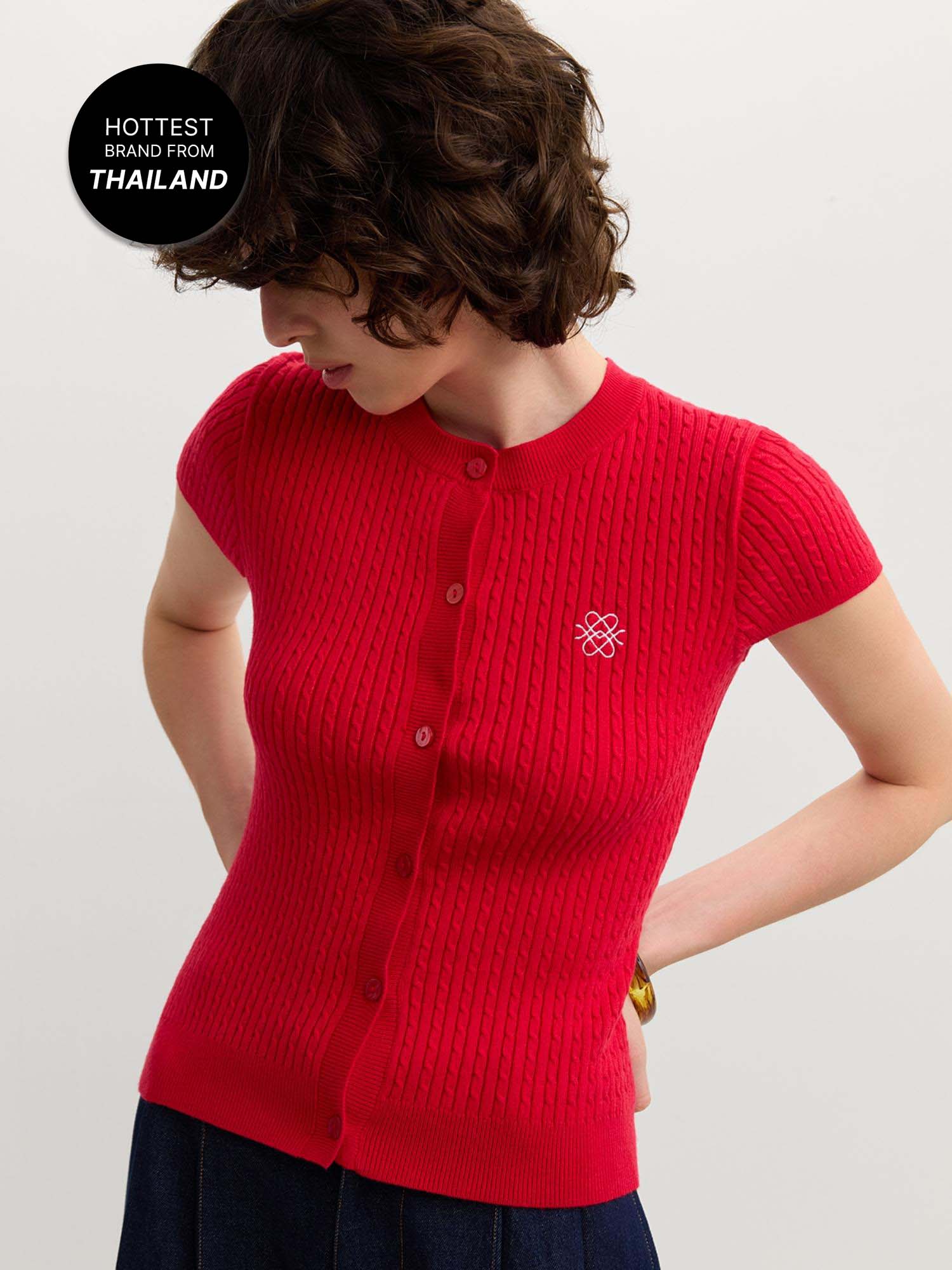 pomelo Button-Up Knit Cardigan Top - Red-picture-20