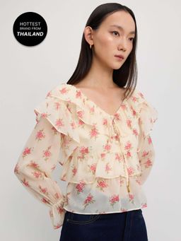 Pomelo - Ruffled Floral Top - Cream