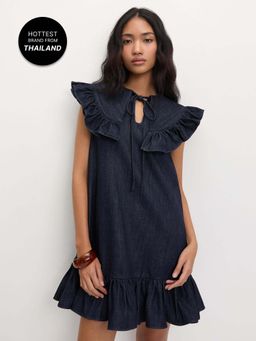Pomelo - Denim Peter Pan Collar Ruffle Trim Dress - Navy