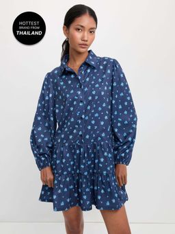 Pomelo - Floral Ruffle Dress - Navy