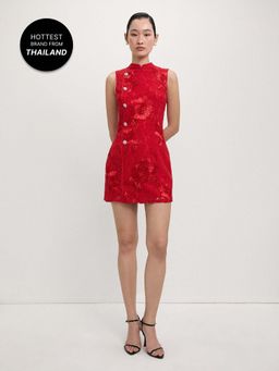 Pomelo - Crystal Buttons Lace Mini Dress - Red