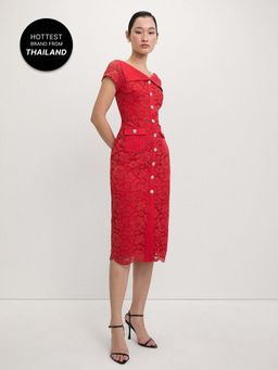 Pomelo - Lace Button-Up Midi Dress - Red