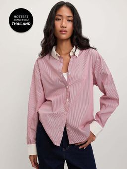Pomelo - Contrast Trim Striped Button-Up - Red