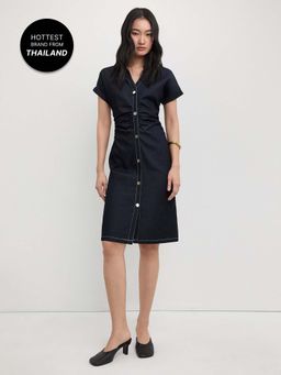 Pomelo - Short Sleeve V Neck Collared Denim Midi Dress with Button Down F