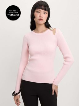 Pomelo - Ribbed Long Sleeve Sweater Top with Shoulder Cut Out and Slit