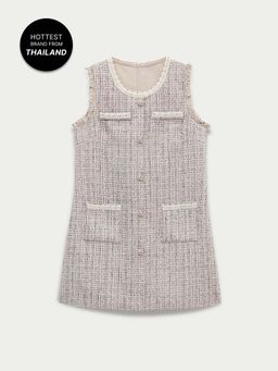 Pomelo - Sleeveless Tweed Mini Shift Dress with Pearl Buttons and Fraying